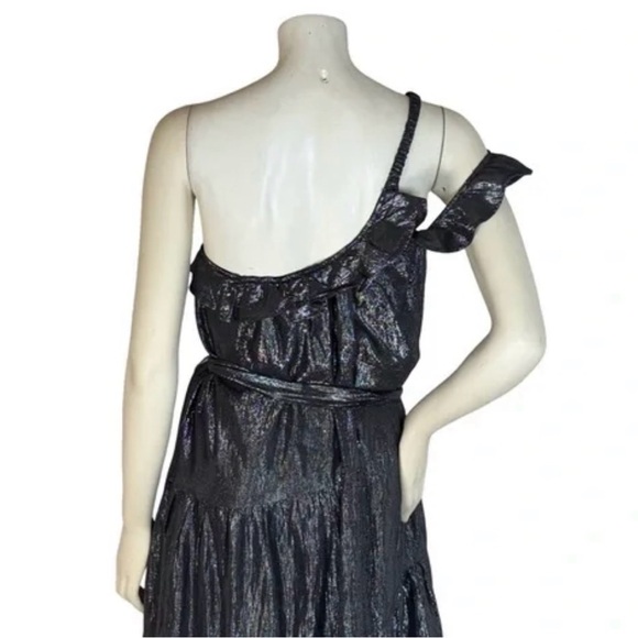 Maeve Metallic Silver Black One Shoulder Tiered Midi Dress Size L Anthropologie - Picture 8 of 8